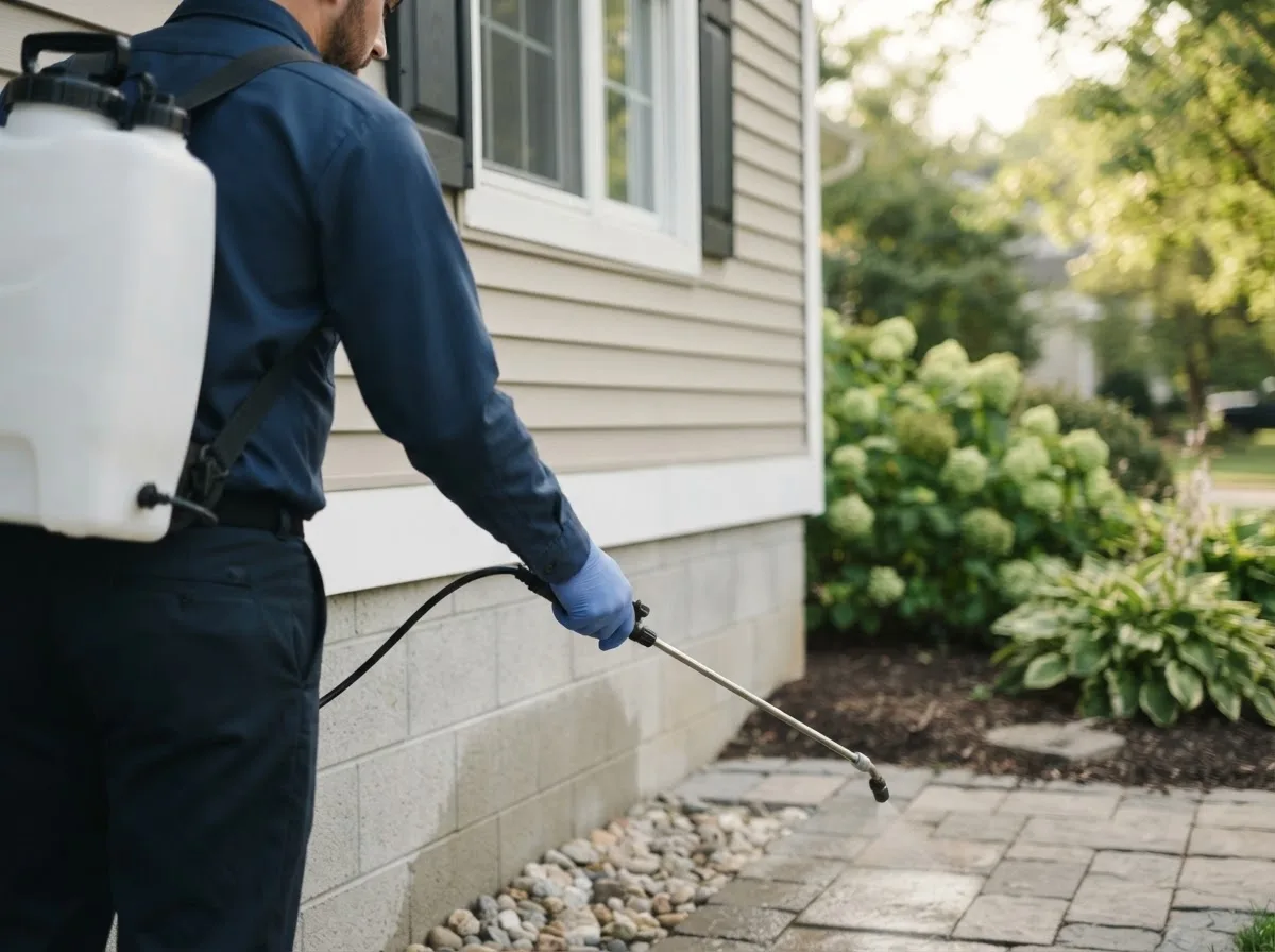 Pest control technician inspecting a home in Drewsey, OR